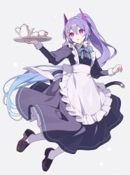 1girl :o apron blue_hair blue_ribbon brown_shoes buttons commentary_request cup dot_nose double-parted_bangs dress frilled_apron frills full_body grey_background hair_between_eyes hair_ornament high_ponytail hijiri_(resetter) holding long_hair long_sleeves looking_to_the_side maid medium_dress multicolored_hair nayuta_(hijiri) neck_ribbon original pantyhose parted_lips plate ponytail purple_hair ribbon shoes simple_background solo star_(symbol) star_hair_ornament teacup teapot two-tone_hair very_long_hair waist_apron white_apron white_pantyhose
