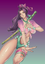 1girl absurdres breasts butterfly_cutout butterfly_ornament cleavage green_one-piece_swimsuit hair_ribbon highres large_breasts long_hair looking_at_viewer marvel marvel_rivals official_alternate_costume one-piece_swimsuit ponytail psylocke psylocke_(breezy_butterfly) purple_hair ribbon smile solo swimsuit tre_artz x-men