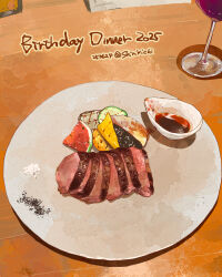 Rule 34 | 2025, alcohol, birthday, commentary request, cucumber, cucumber slice, cup, dated, drinking glass, english text, food, food focus, garnish, highres, meat, no humans, original, pepper (spice), pixiv username, plate, salt, sauce, shinkichimania, steak, table, wine, wine glass, wooden table