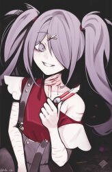 1girl @_@ ame-chan_(needy_girl_overdose) black_background bleeding blood boxcutter commentary crazy_smile cuts grey_eyes grey_hair hair_ornament hair_over_one_eye highres holding holding_boxcutter injury jirai_kei long_hair looking_at_viewer needy_girl_overdose pale_skin pill red_shirt saliva scar scar_on_arm scar_on_neck self-harm shirt single_bare_shoulder skirt smile solo suspender_skirt suspenders twintails upper_body vialle x_hair_ornament
