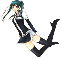 1girl belt black_boots black_jacket black_order_uniform black_skirt boots breasts collared_jacket cross d.gray-man earrings emblem floating floating_hair flying green_hair grin hair_between_eyes high_heel_boots high_heels jacket jewelry legs lenalee_lee long_hair long_sleeves looking_at_viewer miniskirt purple_eyes ritsuho_(aopesca) sidelocks simple_background skirt small_breasts smile solo striped_clothes striped_jacket stud_earrings thigh_boots thighhighs thighs twintails two-tone_skirt vertical-striped_clothes vertical-striped_jacket white_background white_skirt zettai_ryouiki