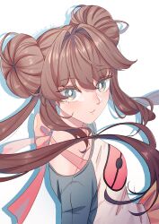 Rule 34 | 1girl, brown hair, collarbone, double bun, drop shadow, eyelashes, from side, green eyes, hair bun, highres, long hair, looking to the side, nintendo, parted lips, pokemon, pokemon bw2, r.aka., raglan sleeves, rosa (pokemon), shirt, shorts, solo, twintails, white background, yellow shorts