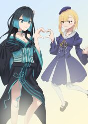 2girls :3 absurdres aqua_eyes aqua_hair beret black_hair black_shoes blonde_hair blush breasts carmilla_(yami_healer) cleavage closed_mouth colored_tips dress eyebrows_hidden_by_hair flower ghost green_eyes grey_background hair_between_eyes hair_flower hair_ornament hat heart heart_hands heart_hands_duo highres isshun_de_chiryou_shiteita_noni_yakutatazu_to_tsuihou_sareta_tensai_chiyushi_yami_healer_toshite_tanoshiku_ikiru lips long_hair looking_ahead medium_breasts medium_hair multicolored_hair multiple_girls prophet1109 purple_dress purple_hat rosalie_(slime_taoshite_300_nen) shoes slime_taoshite_300_nen_shiranai_uchi_ni_level_max_ni_nattemashita smile smug thighhighs trait_connection white_thighhighs