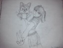 1boy 1girl 2025 artist_name belt crossover fox greyscale indie_virtual_youtuber lifting_person monochrome older_woman_and_younger_man pansarvarnslav1 shirt size_difference sonic_(series) striped_clothes striped_shirt tails_(sonic) v ywuukii