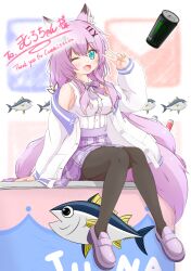 1girl :d ;d animal animal_ear_fluff animal_ears bare_shoulders black_pantyhose blue_eyes blush bow breasts can center_frills collared_shirt energy_drink fang fish fox_ears fox_girl fox_tail frills full_body green_eyes hair_between_eyes hair_ornament hairclip hand_up highres jacket knees_together_feet_apart loafers long_hair long_sleeves looking_at_viewer low_twintails medium_breasts milestone_celebration mode_(mode-n) moe_(vrchat) monster_energy off_shoulder one_eye_closed open_clothes open_jacket open_mouth pantyhose plaid_clothes plaid_skirt pleated_skirt puffy_long_sleeves puffy_sleeves purple_bow purple_hair purple_skirt shirt shoes sitting skirt sleeveless sleeveless_shirt sleeves_past_wrists smile solo tail thank_you twintails v very_long_hair vrchat white_jacket white_shirt