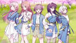 5girls absurdres animal_ears arm_behind_back bang_dream! bang_dream!_it&#039;s_mygo!!!!! belt black_belt black_choker black_hair black_pantyhose blue_belt blue_eyes blue_jacket blue_shirt blush brown_eyes brown_hair brown_skirt chihaya_anon chinese_commentary choker closed_mouth collared_shirt commentary_request derivative_work dress dress_shirt earrings fang fishnet_thighhighs fishnets grey_eyes grey_hair hand_on_own_hip hero45439083942 heterochromia highres jacket jewelry kaname_raana long_hair midriff multiple_girls mygo!!!!!_(bang_dream!) nagasaki_soyo navel open_clothes open_jacket open_mouth pantyhose pink_hair pleated_skirt purple_eyes shiina_taki shirt short_hair single_thighhigh skin_fang skirt song_name takamatsu_tomori teeth thighhighs translated white_dress white_hair white_shirt white_skirt yellow_eyes