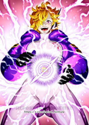 1girl blonde_hair bodysuit breasts cameltoe curvy energy_ball hair_over_one_eye jacket large_breasts lightning looking_at_viewer nel-zel_formula one_piece open_clothes open_jacket open_mouth shiny_clothes shiny_skin short_hair skin_tight smile sweat vegapunk_lilith wide_hips