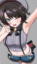 1girl absurdres aqua_eyes armpits beret breasts brown_hair crop_top grey_background hat highres hololive medium_breasts midriff navel nobarts one_eye_closed oozora_subaru oozora_subaru_(work) short_hair shorts simple_background solo suspender_shorts suspenders sweat virtual_youtuber