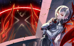 1girl absurdres arlecchino_(genshin_impact) black_eyes black_gloves black_hair black_pants closed_mouth cross-shaped_pupils earrings finger_to_mouth genshin_impact gloves highres jacket jewelry jieul_hee long_sleeves looking_at_viewer multicolored_hair pants red_pupils red_wings short_hair shushing single_wing solo standing symbol-shaped_pupils two-tone_hair white_hair white_jacket wings