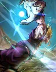 1boy aura blonde_hair child commentary_request dougi dragon_ball dragonball_z electricity from_behind highres kamehameha_(dragon_ball) lafia_db male_focus muscular muscular_male pants powering_up purple_pants purple_shirt red_sash sash shirt solo son_gohan spiked_hair super_saiyan super_saiyan_2
