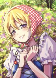1girl blue_camisole brown_hair camisole camisole_over_clothes commentary english_commentary flower gingham hair_flower hair_ornament headscarf highres kitou_akari_(kitoakari_1016) konoe_kanata light_blush looking_at_viewer love_live! love_live!_nijigasaki_high_school_idol_club official_alternate_costume official_alternate_hairstyle outdoors puffy_short_sleeves puffy_sleeves purple_eyes shirt short_sleeves smile solo what_a_beautiful_day!_(love_live!) white_shirt