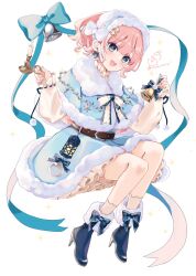 1girl :d bell belt belt_buckle blue_boots blue_bow blue_capelet blue_eyes blue_hairband blue_nails blue_skirt boots bow brown_belt brown_shoes buckle candle capelet fire full_body fur-trimmed_boots fur-trimmed_capelet fur-trimmed_hairband fur-trimmed_skirt fur_trim hairband handbell high_heel_boots high_heels highres holding holding_bell lantern long_sleeves looking_at_viewer nail_polish open_mouth original pink_hair puffy_long_sleeves puffy_sleeves ribbon-trimmed_sleeves ribbon_trim rino_cnc shoes simple_background skirt sleeves_past_wrists smile solo sparkle twitter_username white_background
