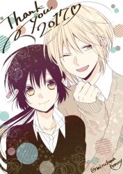 1boy 1girl 2017 :d ahoge bishounen black_hair black_sweater blonde_hair closed_mouth collarbone collared_shirt commentary_request dress_shirt english_text fuji_shirou hand_up heads_together height_difference ike_junko long_hair mizutama_honey_boy new_year official_art one_eye_closed open_mouth ponytail sengoku_mei shirt short_hair single_sleeve_past_wrist smile sweater thank_you twitter_username upper_body white_background white_shirt yellow_eyes