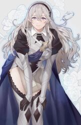 1girl ai_tkkm armor black_gloves black_hairband blue_cape cape commentary_request female_corrin_(emblem)_(fire_emblem) female_corrin_(fire_emblem) fire_emblem fire_emblem_engage fire_emblem_fates flower gloves grey_background grey_eyes grey_hair hair_between_eyes hair_ornament hairband highres long_hair looking_at_viewer nintendo pointy_ears simple_background smile solo thighs white_flower