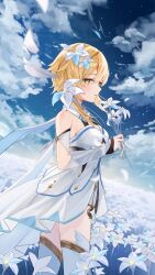 1girl absurdres arm_armor bare_shoulders black_gloves blonde_hair boots breasts cloud cloudy_sky commentary_request cowboy_shot detached_sleeves dress field fingerless_gloves flower flower_field from_side genshin_impact gloves hair_between_eyes hair_flower hair_ornament highres holding holding_flower looking_at_viewer lumine_(genshin_impact) medium_breasts outdoors parted_lips popo_y scarf short_hair_with_long_locks sky solo thigh_boots thighhighs white_boots white_dress white_scarf yellow_eyes zettai_ryouiki