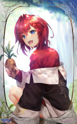 1girl :d ange_katrina ange_katrina_(1st_costume) black_coat blue_eyes blush border cardigan coat commentary_request creature crossed_bangs dappled_sunlight dated from_side hair_between_eyes hair_intakes hand_on_ground highres holding holding_creature hozumi_kaoru lips long_sleeves looking_at_viewer looking_to_the_side mandragora mandragora_(ange_katrina) nijisanji off_shoulder open_mouth ornate_border red_cardigan red_hair short_hair signature sleeves_past_wrists smile squatting sunlight teeth turning_head upper_teeth_only virtual_youtuber