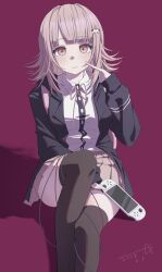 1girl black_jacket black_shirt breasts brown_hair brown_skirt brown_thighhighs closed_mouth collared_shirt danganronpa_(series) danganronpa_2:_goodbye_despair dated dress_shirt feet_out_of_frame galaga hair_ornament handheld_game_console highres holding holding_handheld_game_console jacket large_breasts long_sleeves medium_hair miniskirt nanami_chiaki open_clothes open_jacket pink_eyes pleated_skirt qazqwe645119 shirt skirt smile solo thighhighs two-tone_shirt white_shirt