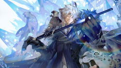 Rule 34 | 1boy, animal ear fluff, animal ears, arknights, bird, black jacket, cane, eagle, gloves, grey hair, hair between eyes, holding, holding cane, jacket, leopard, leopard boy, leopard ears, male focus, mcmclunar (kaz), necktie, silverash (arknights), snow leopard boy, snow leopard ears