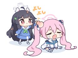 2girls blue_archive blue_skirt chibi commentary_request full_body grey_halo halo head_bump koyuki_(blue_archive) leaf leaf_on_head miyu_(blue_archive) multiple_girls pantyhose pink_halo school_uniform serafuku sitting skirt twintails umihio