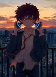 1boy absurdres adjusting_headphones black_hair black_jacket black_pants building cloud collared_shirt commentary english_commentary headphones highres jacket looking_at_viewer male_focus mele_ck open_clothes open_jacket original outdoors pants red_eyes shirt short_hair sky solo sunset white_shirt
