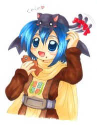 1boy 2000s_(style) :d animal animal_on_head black_cat black_wings blue_eyes blue_hair bow brown_shirt cape cat cat_on_head commentary_request eating emblem food head_wings knight_(ragnarok_online) male_focus marker_(medium) miesa on_head open_mouth ragnarok_online red_bow shirt short_hair simple_background smile solo tabard tail tail_bow tail_ornament tail_wagging taiyaki traditional_media upper_body wagashi white_background white_tabard wings yellow_cape