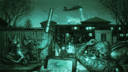 Rule 34 | 6+boys, aircraft, assault rifle, bulletproof vest, chinese text, drone, flare, green theme, gun, helicopter, helmet, highres, jeffholy, load bearing vest, motor vehicle, multiple boys, night, night vision, night vision device, original, pov, pov hands, rappelling, rifle, suppressor, truck, weapon