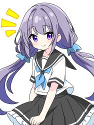 1girl black_sailor_collar black_skirt blue_neckerchief blue_scrunchie blush closed_mouth commentary_request cowboy_shot dot_nose frilled_skirt frills hair_ornament hair_scrunchie highres kotatsu-mazoku long_hair looking_at_viewer low_twintailed_girl_(kotatsu-mazoku) low_twintails neckerchief notice_lines original pleated_skirt purple_eyes purple_hair sailor_collar school_uniform scrunchie serafuku shirt short_sleeves simple_background skirt smile solo twintails white_background white_shirt