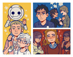 4girls 5boys angry annoyed arguing black_bra black_hair black_shirt blank_speech_bubble blonde_hair blue_background blue_eyes blue_overalls blue_shirt blush border bra breasts brown_hair carlos_(kyokugen_dasshutsu) carrying cleavage closed_eyes closed_mouth clothes_grab collared_shirt commentary crack crossed_arms diana_(kyokugen_dasshutsu) english_commentary eric_(kyokugen_dasshutsu) eyelashes flower freckles from_side glasses hair_flower hair_ornament helmet jacket junpei_(kyokugen_dasshutsu) knightofbunnies kurashiki_akane kyokugen_dasshutsu long_hair long_sleeves mira_(kyokugen_dasshutsu) multiple_boys multiple_girls nostrils open_clothes open_jacket orange_hair overalls partially_shaded_face phi_(kyokugen_dasshutsu) piggyback pink_jacket purple_eyes purple_flower q_(kyokugen_dasshutsu) red_background red_sweater shirt shirt_grab shoes short_hair sigma_(kyokugen_dasshutsu) smile speech_bubble striped_clothes striped_shirt sweater underwear very_short_hair white_border white_hair white_shirt yellow_background yellow_eyes zero_escape:_toki_no_dilemma
