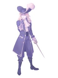 Rule 34 | 1boy, alternate costume, arcturus, ascot, black boots, blonde hair, boots, coat, commentary request, facial hair, foil (fencing), full body, goatee, hat, highres, holding, holding sword, holding weapon, hook hand, korean commentary, leighrant von heinberg, long hair, looking down, male focus, mustache, open clothes, open coat, open mouth, pants, pirate, pirate costume, pirate hat, plume, purple coat, purple pants, shirt, simple background, solo, sword, ttyo (yon), wavy hair, weapon, white ascot, white background, white shirt