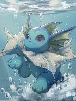 Rule 34 | air bubble, animal focus, blue eyes, blue fur, bubble, closed mouth, fins, gen 1 pokemon, head fins, momomo12, nintendo, no humans, pawpads, pokemon, pokemon (creature), pokemon focus, purple eyes, smile, solo, swimming, tail, underwater, vaporeon, water