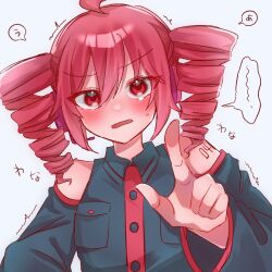 1girl blush collared_shirt detached_sleeves drill_hair headset highres kasane_teto kasane_teto_(utau) long_sleeves nose_blush open_mouth pink_eyes pink_hair pointing pointing_at_viewer shirt sleeveless sleeveless_shirt solo sweat tearing_up translation_request trembling tsumugi_(am_n_ee_3) twin_drills upper_body utau