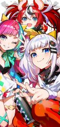 Rule 34 | 3girls, ;), absurdres, animal ears, black hair, blue eyes, commentary request, creator connection, dice hair ornament, from below, hair ornament, hairclip, hakos baelz, hakos baelz (1st costume), highres, hololive, hololive english, kaguya luna, looking at viewer, mika pikazo, mouse ears, mouse girl, mousetrap, mr. squeaks (hakos baelz), multicolored hair, multiple girls, one eye closed, open mouth, pinky pop hepburn, red hair, ribbon, sharp teeth, simple background, smile, spray can, streaked hair, teeth, the moon studio, v, virtual youtuber, w, white hair