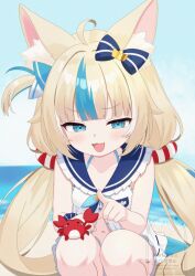 1girl ahoge animal_ears artexyan beach blonde_hair blue_bow blue_eyes blue_hair blue_sky blush bow cat_ears dress fang fins fish_girl fish_tail hair_bow indie_virtual_youtuber kaniki_(sameko_saba) lifebuoy_hair_ornament long_hair looking_at_viewer multicolored_hair open_mouth outdoors sameko_saba sand skin_fang sky sleeveless sleeveless_dress smile solo streaked_hair tail very_long_hair virtual_youtuber white_dress