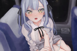 2girls after_kiss bang_dream! bang_dream!_it&#039;s_mygo!!!!! black_ribbon blue_hair blush chinese_commentary commentary_request grey_skirt groin hair_ribbon highres long_hair looking_at_viewer misumi_uika multiple_girls neck_ribbon open_clothes open_mouth open_shirt panties panty_pull plaid_clothes plaid_skirt pussy_juice putong_minzhong_siliaoji ribbon saliva saliva_trail sidelocks skirt togawa_sakiko underwear vehicle_interior yellow_eyes yuri