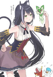 1girl animal_ear_fluff animal_ears cat_ears cat_girl cat_tail choker detached_sleeves fang frilled_skirt frills fuecoco green_eyes highres higuma29 holding holding_pokemon karyl_(princess_connect!) long_hair multicolored_hair nintendo pokemon pokemon_(creature) princess_connect! purple_skirt quaxly simple_background skirt solo sprigatito standing starter_pokemon_trio streaked_hair tail very_long_hair white_background white_hair