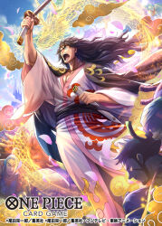 6+boys black_eyes black_hair cat_boy closed_eyes commentary_request denjirou_(one_piece) dog_boy english_text facial_hair high_ponytail hokuyuu holding holding_sword holding_weapon inuarashi_(one_piece) japanese_clothes katana kawamatsu kikunojo_(one_piece) kimono kinemon kouzuki_momonosuke long_hair male_focus multiple_boys nekomamushi official_art one_piece one_piece_card_game open_mouth ponytail sheath short_hair sideburns sword teeth topknot translation_request wavy_hair weapon