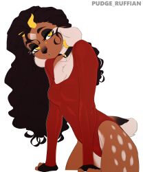 1girl absurdres animal_ears artist_name black_choker black_hair breasts choker collarbone cowboy_shot deer_ears deer_girl earrings furry furry_female highres horns jewelry kody_(pudgeruffian) leotard long_hair medium_breasts original piercing pudgeruffian red_leotard simple_background solo teeth white_background yellow_eyes