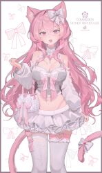 1girl animal_ear_fluff animal_ear_piercing animal_ears artist_name bag bare_shoulders belt belt_buckle bow bow_background bra breasts buckle cat_ears cat_girl cat_tail cleavage cleavage_cutout clothing_cutout collared_sweater commentary commission cowboy_shot crossed_bangs double-parted_bangs english_commentary english_text fang grey_bra hair_between_eyes hair_bow hair_ornament hand_up handbag heart_ornament highres indie_virtual_youtuber jewelry light_blush long_hair long_sleeves looking_at_viewer lounette midriff miniskirt mole mole_under_eye mole_under_mouth multiple_moles navel necklace nymphelia_(vtuber) open_mouth pearl_necklace pink_belt pink_bow pink_eyes pink_hair pink_nails skirt smile solo sweater tail tail_bow tail_ornament thighhighs underwear very_long_hair virtual_youtuber white_bow white_skirt white_sweater white_thighhighs