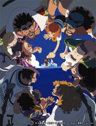 2girls 6+boys absurdres all_fours baseball_cap beard benevolent_king_of_the_waves black_hair blonde_hair blue_eyes blue_hat blue_shirt blush bookstore_part-timer brown_hair carrying clenched_teeth closed_eyes closed_mouth collared_shirt commentary_request connected_beard copyright_notice elder_marine_brother eyewear_on_headwear facial_hair from_above green_eyes gun gun_on_back hair_ornament hairclip hand_rest hat heart heart-shaped_pupils highres holding_puzzle_piece horizontal-striped_clothes laughing looking_at_another looking_at_object marine_uniform_(one_piece) mihawk&#039;s_fanboy multiple_boys multiple_girls nami&#039;s_fangirl ocean official_art one_piece one_piece_fan_letter orange_hair piggyback pink_shirt puzzle_piece rifle scar scar_across_eye scar_on_face shaved_head shirt sidelocks small_sweatdrop smile sotymr01 sparkling_eyes sunglasses surprised symbol-shaped_pupils teeth thousand_sunny two-tone_shirt weapon weapon_on_back white_shirt wristband younger_marine_brother zoro&#039;s_fanboy