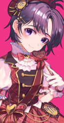 1girl antenna_hair black_hair blush bow candy chocolate chocolate_heart closed_mouth dress dress_bow food gloves hand_up hat heart heart-shaped_food highres idolmaster idolmaster_(classic) kikuchi_makoto looking_at_viewer miyagi pink_background plaid_clothes plaid_dress plaid_hat puffy_short_sleeves puffy_sleeves purple_eyes red_hat sash short_hair short_sleeves simple_background smile solo upper_body white_gloves