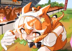 1girl 3boys absurdres animal_ears bat_krub black_bow bow carrot cheering commentary crowd dress english_commentary english_text food_in_mouth gloves grass hand_up highres horse horse_ears horse_girl horse_race_tests jovial_merryment long_hair looking_ahead multiple_boys orange_dress orange_eyes orange_hair railing running star_(symbol) star_in_eye symbol_in_eye teeth white_gloves