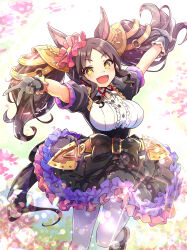 +_+ 1girl absurdres animal_ears arms_up black_hair bow breasts buttons commentary_request dress excited fang foot_up frilled_dress frills front_bow gloves hair_ornament highres horse_ears horse_girl horse_tail large_breasts light_particles long_hair marvelous_sunday_(umamusume) neck_ribbon neko_senshi open_mouth outstretched_arms outstretched_hand pantyhose petals red_ribbon ribbon shoes short_sleeves skin_fang smile solo spread_arms tail twintails umamusume very_long_hair white_pantyhose yellow_eyes