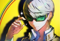 1boy arm_up black-framed_eyewear black_jacket closed_mouth collared_jacket collared_shirt commentary_request drop_shadow fingernails glasses green-tinted_eyewear grey_eyes grey_hair halftone highres houndstooth jacket korean_commentary looking_to_the_side male_focus narukami_yu open_collar persona persona_4 popped_collar school_uniform shirt short_hair sideways_glance smile solo sparkle swept_bangs themoonrabbit tinted_eyewear white_shirt yasogami_school_uniform yellow_background