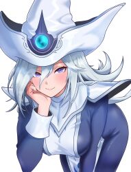 Rule 34 | 1girl, absurdres, bamboo tac, blush, breasts, closed mouth, dress, duel monster, hair between eyes, hand on own chest, hat, highres, large breasts, leaning forward, long dress, long hair, long sleeves, looking at viewer, purple eyes, silent magician, simple background, smile, solo, white background, white hair, witch, witch hat, yu-gi-oh!