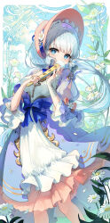 1girl alternate_costume artist_name ayaka_(genshin_impact) blue_bow blue_dress blue_eyes blue_hair blunt_bangs blunt_tresses bonnet bow bridal_gauntlets dress falling_petals floating_hair flower genshin_impact hand_fan hat highres holding holding_fan jewelry lace layered_dress long_sleeves looking_at_viewer multicolored_dress petals pioko puffy_short_sleeves puffy_sleeves ring short_sleeves signature single_bridal_gauntlet solo standing white_bridal_gauntlets white_dress white_flower