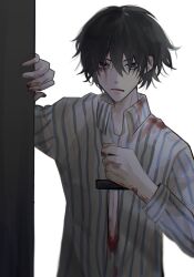 Rule 34 | 1boy, aaawwwssslll, alternate universe, bags under eyes, black eyes, black hair, blood, blood on clothes, blood on face, blood on hands, bloody knife, bloody weapon, chinese commentary, collared shirt, dao gui yi xian, hair between eyes, highres, holding, holding knife, holding weapon, injury, knife, li huowang, long sleeves, looking at viewer, male focus, official alternate costume, official alternate hair length, official alternate hairstyle, parted lips, shirt, short hair, simple background, solo, striped clothes, striped shirt, upper body, vertical-striped clothes, vertical-striped shirt, weapon, white background, white shirt