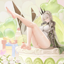 1girl absurdres barefoot blush box cake feet female_knight food gift gift_box green_eyes grey_hair highres long_hair looking_at_viewer open_mouth original pointy_ears shiran1024 soles toes whipped_cream