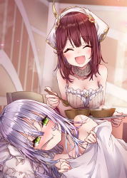 +_+ 2girls alt_(ctrldel) atelier_(series) atelier_lydie_&amp;_suelle atelier_sophie bare_shoulders bed blanket blush book bowl breasts brown_hair chair closed_eyes closed_mouth collarbone detached_collar frills green_eyes hair_between_eyes hairband headscarf highres holding holding_spoon holding_tray indoors light_purple_hair liquid-in-glass_thermometer long_hair medium_breasts mouth_hold multiple_girls on_bed on_pillow plachta red_skirt sick skirt smile sophie_neuenmuller spoon standing steam tearing_up thermometer towel tray very_long_hair white_headscarf