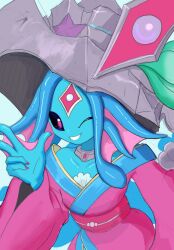Rule 34 | 1girl, ariemon, bare shoulders, black sclera, blue hair, blue skin, colored sclera, colored skin, digimon, digimon (creature), facial mark, forehead mark, hat, highres, japanese clothes, kimono, nigreenwalker, one eye closed, parted lips, pink eyes, pink kimono, simple background, smile, solo, upper body