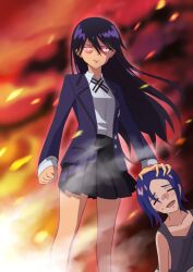 1boy 1girl blue_hair blush clenched_hand closed_eyes closed_mouth collared_shirt commentary_request dark-skinned_female dark_skin glowing glowing_eyes gundam gundam_gquuuuuux head_grab jacket long_hair long_sleeves nyaan_(gundam_gquuuuuux) open_mouth pink_eyes purple_hair school_uniform shirt short_hair shuji_ito skirt sleeveless smile soon_(toruto98) sweat tank_top white_shirt